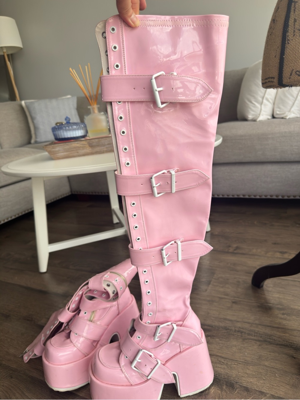 DEMONIA Platform Knee-High Buckle Boots - Pink - Picture 3 of 11